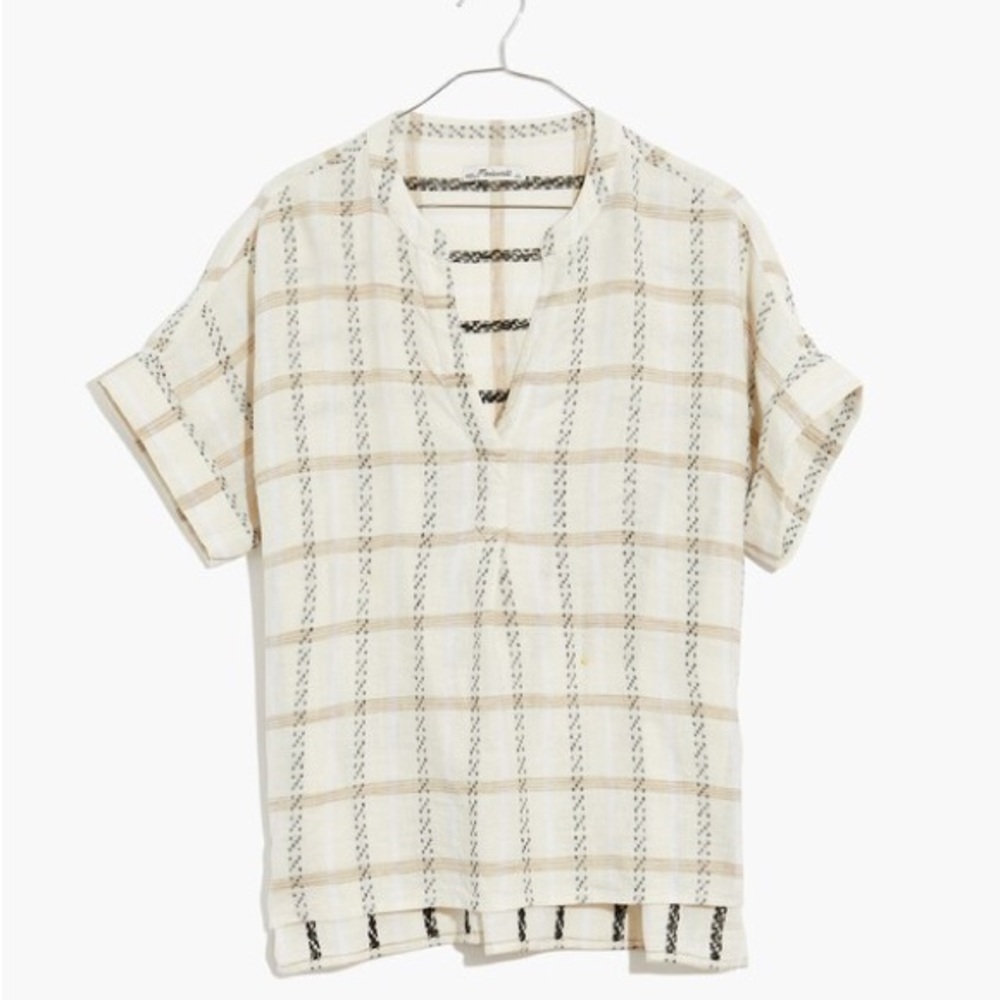 Madewell Lakeline Popover Linen Blend in Windowpane Jacquard Blouse Top M Medium